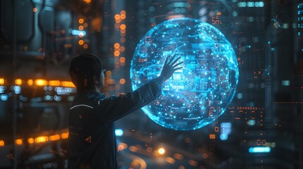 Businessman presenting futuristic business world metaverse graphic. In the form of innovation in digital business processing technology, innovation of the 21st century	