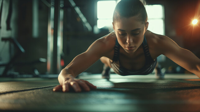 A person doing a plank exercise on a mat, gym, core strength, hd, intense with copy space