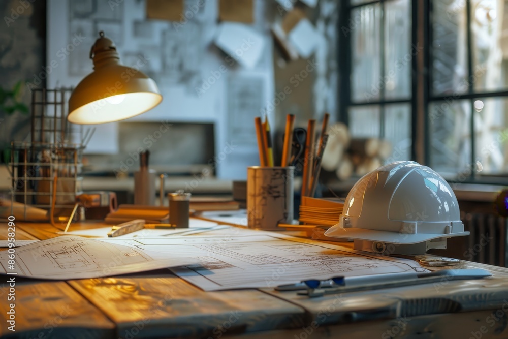 Poster architect concept and architectural project desk in construction site or office building with mining