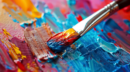 Fototapeta premium A paintbrush is dipped into a palette of paint, with a splash of blue