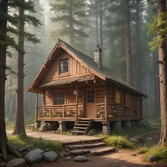 log cabin surrounded by trees and mist