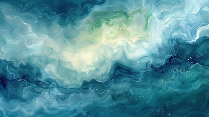 Obraz premium Abstract underwater scene with flowing watercolor shades of blue and green, capturing the tranquility and mystery of the ocean depths