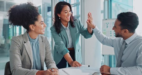 Business people, coach and presentation with high five for documents, meeting or collaboration at office. Group of employees touching in team discussion for corporate win or success at workplace