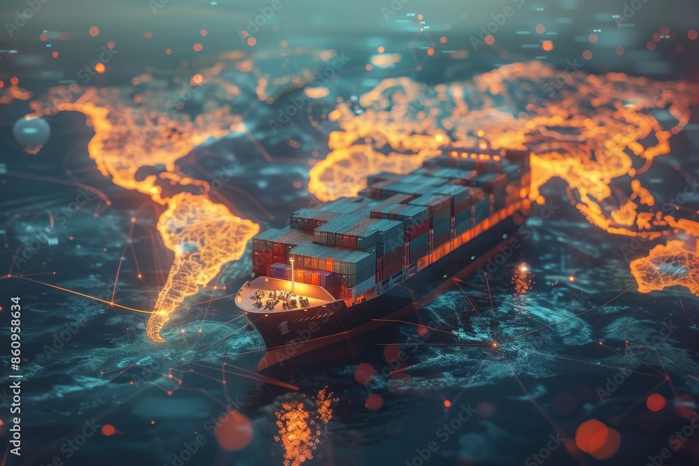 Poster global logistic network on world map with cargo ship, symbolizing ai powered fast shipping