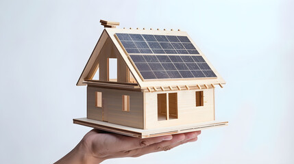 Hand holding an energy efficient model house with solar panels ecology and sustainability concept On white backgroundbackground : Generative AI