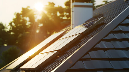 Fototapeta premium Solar panels on a gable roof Large modern house and solar energy Sunset : Generative AI