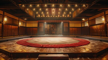 Traditional Japanese Sumo Wrestling Arena with Intricate Lighting