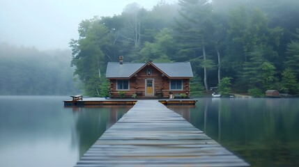 Obraz premium Serene Lakeside Cabin with Wooden Dock amid Misty Forest Landscape