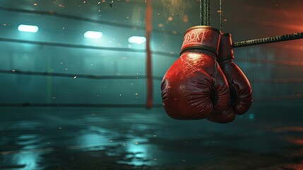 Hanging Boxing Gloves in an Empty Atmospheric Ring