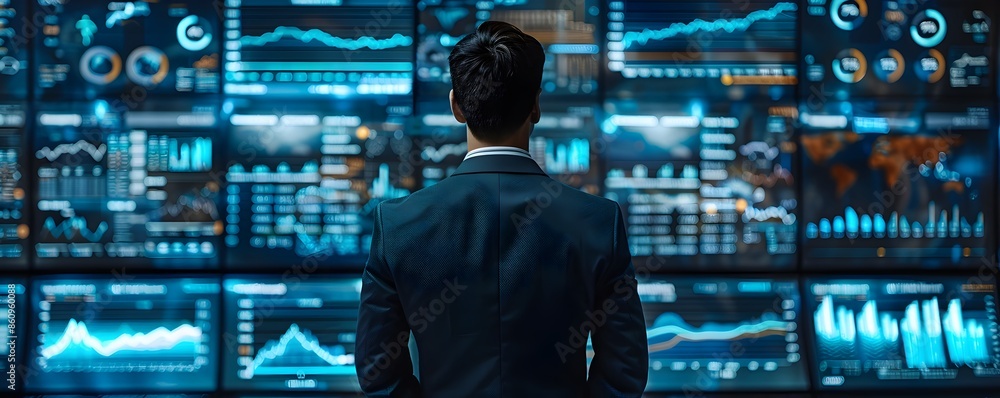 Poster business leader analyzing data on multiple screens in high tech command center