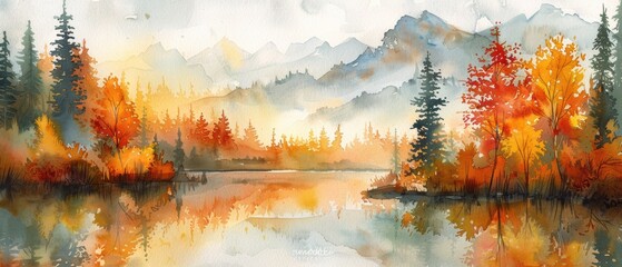 "Mountain range in autumn, trees ablaze with fall colors, crisp and detailed watercolor painting, majestic and serene landscape