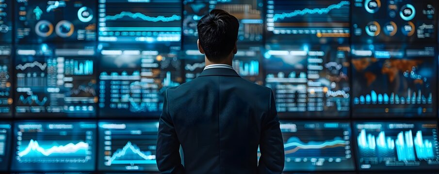Business Leader Analyzing Data on Multiple Screens in High Tech Command Center