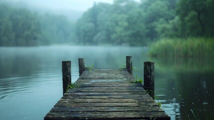 Misty Lake Dock - Tranquil Wooden Pier on Serene Forest Lake Landscape