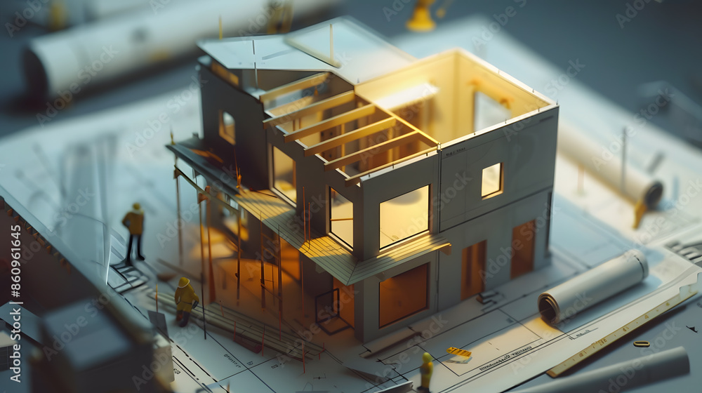 Aufkleber building house on blueprints with worker construction project : generative ai