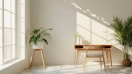 Sunlit Minimalist Workspace with Wooden Desk and Plants in a Cozy Room