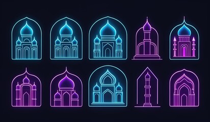 icons set neon. mosque. church