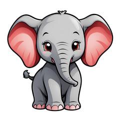 Cute Childish Kawaii Elephant Character Sticker Standing with Big Round Eyes, Floppy Ears, and a Happy Expression, Thick Black Outline, Generative AI.