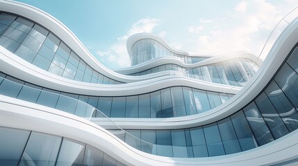 Modern Architectural Building with Curved Glass Facade Against Blue Sky