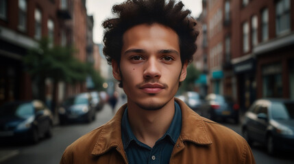 Portrait of a young man of mixed ethnic descent on a city street
