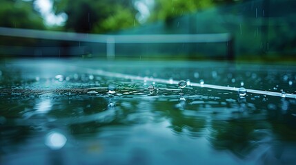 Fototapeta premium Raindrops on a tennis court, Beautiful wet surface closeup after rain, sports area under the rain