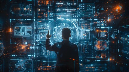 Businessman presenting futuristic business world metaverse graphic. In the form of innovation in digital business processing technology, innovation of the 21st century	