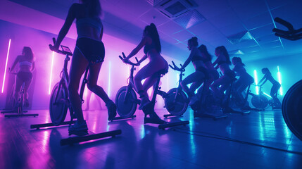 Obraz premium A spin class with participants cycling energetically, gym, group workout, hd, lively with copy space