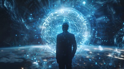 Businessman presenting futuristic business world metaverse graphic. In the form of innovation in digital business processing technology, innovation of the 21st century	