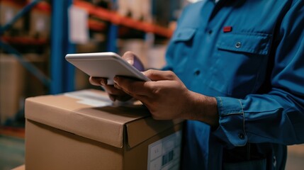 Close-Up of Man in Blue Uniform Holding iPad and Checking Shipping Information
