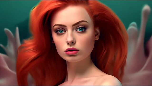 Close-up of a Redhead Mermaid in an Underwater Theme Environment 