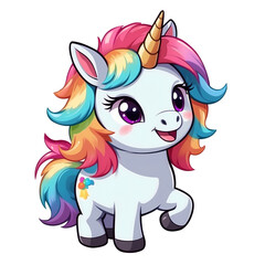 Cute Childish Kawaii Unicorn Character Sticker Standing with Sparkling Eyes, Rainbow Mane and Tail, Happy Expression, Thick Black Outline, Generative AI.