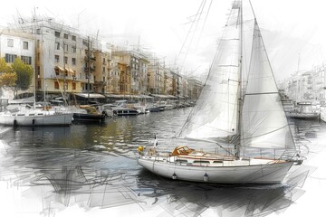 Obraz premium Abstract black and white architectural sketch of a serene park with benches and trees, surrounded by urban buildings, high resolution