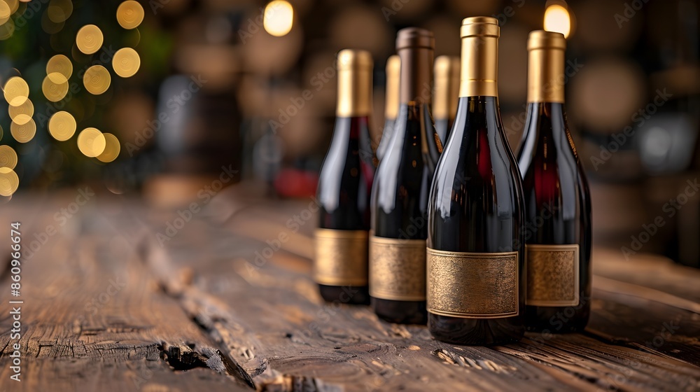 Poster elegant wine bottles with golden labels displayed on rustic wooden table under ambient lighting