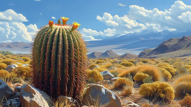 Copiapoa cactus thriving in a desert landscape, with its distinct spherical shape and yellow flowers, exemplifying resilience and adaptation to harsh conditions. Illustration, Minimalism,