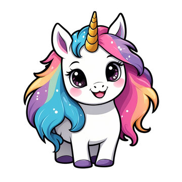 recommend clip art: Cute Childish Kawaii Unicorn Character Sticker Standing with Sparkling Eyes, Rainbow Mane and Tail, Happy Expression, Thick Black Outline, Generative AI.