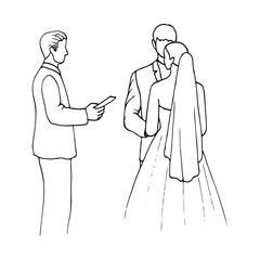 priest or master of ceremonies stands in front of a couple of young people holding hands - a hand-drawn doodle sketch. concept wedding vows