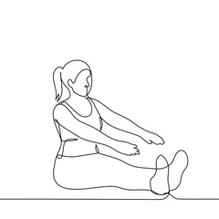 woman sits on the floor with her legs and arms stretched forward - one line art vector. concept woman doing stretching