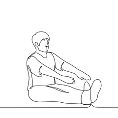 man sits on the floor with his legs and arms stretched forward - one line art vector. concept man doing stretching