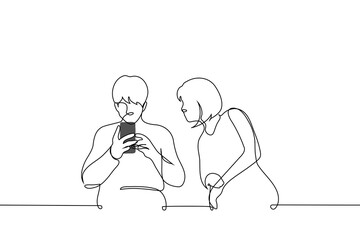 woman looks into the phone screen of a man sitting next to her - one line art vector. concept a stranger peeps into your correspondence, a jealous and suspicious woman