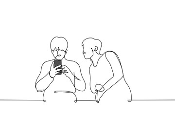 man looks into the phone screen of the man sitting next to him - one line art vector. concept a stranger peeps into your correspondence, a jealous and suspicious man