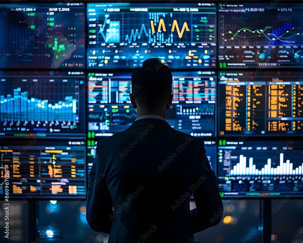 Poster businessperson analyzing data on multiple high tech screens in control room