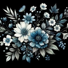 Watercolor Floral Illustration with Blue and White Flowers on a Black Background