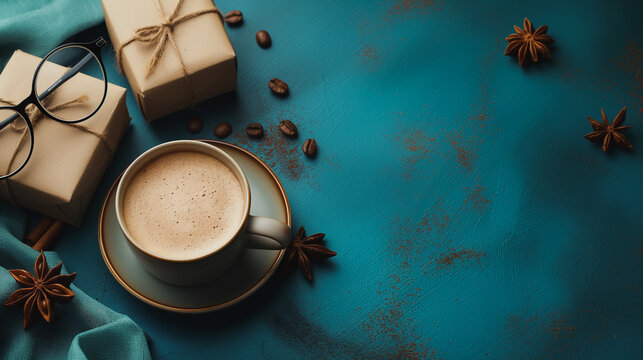 This Father's Day concept features a stylish flat lay of gift boxes, a coffee cup, and eyeglasses against a vibrant blue background.