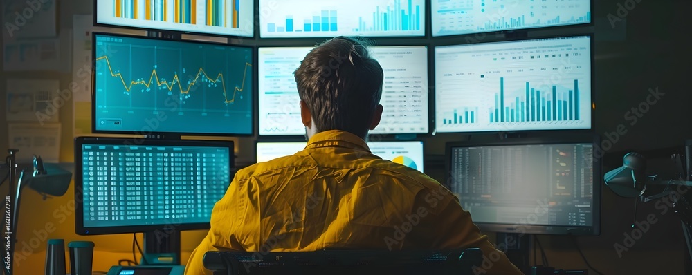 Aufkleber businessperson analyzing financial data and reports on multiple screens in workspace