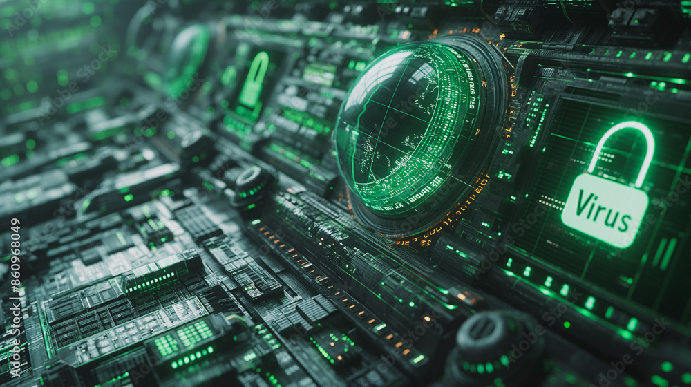 Poster a computer monitor with a green screen and a virus icon