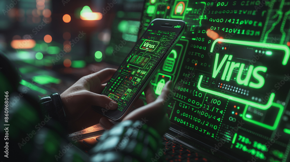 Poster a person is holding a cell phone in front of a computer monitor that is displaying the word virus