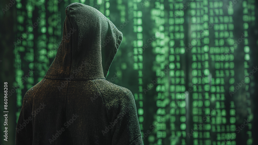 Poster a person is standing in front of a green screen with a hood on. the screen is filled with numbers an