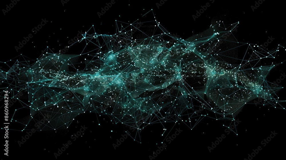 Poster abstract art of green and white network of interconnected points and lines on black background. conc