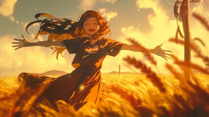 Anime-style illustration of a girl joyfully running through a golden wheat field under a vibrant sky