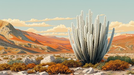 Majestic Cephalocereus cactus with its long, white, wool-like hairs, standing tall in a rugged desert, evoking the ancient and enduring spirit of the desert. Illustration, Minimalism,