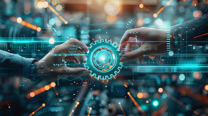 business scene showcasing two hands collaboratively fitting gears together symbol teamwork.